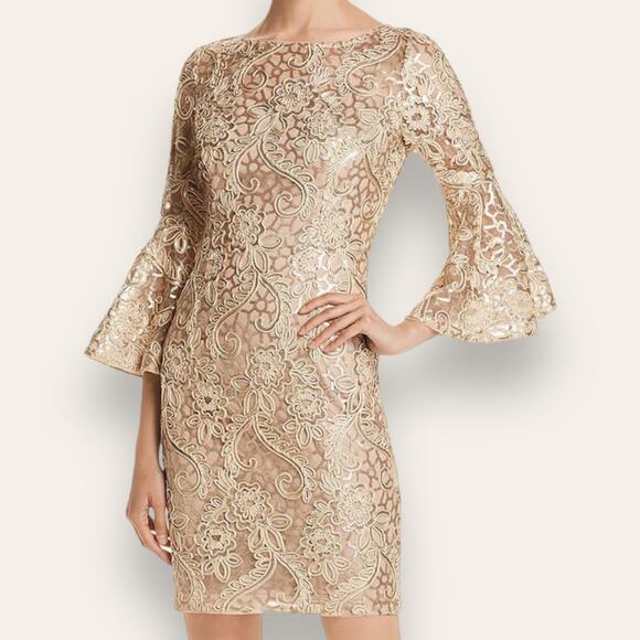 NWT AIDAN MATTOX DRESS SEQUIN LACE BELL SLEEVE SHEER MESH GOLD NUDE SHORT MINI - Picture 1 of 15